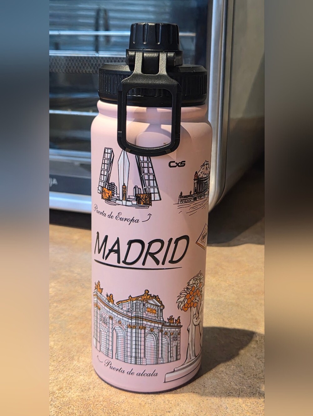 Madrid Pink Travel Water Bottle - City Landmark Design